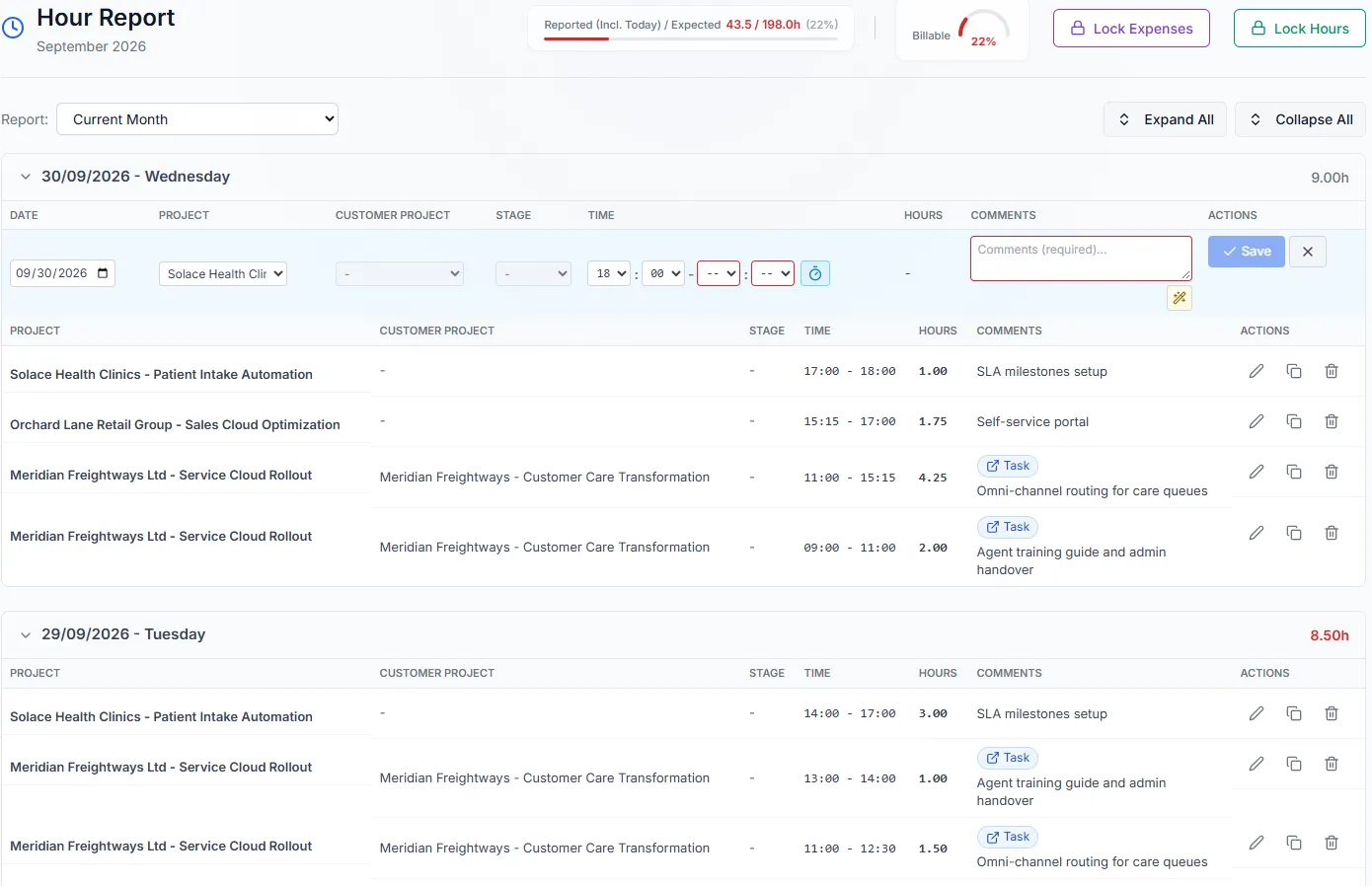 A contractor logging time against a project, right inside the portal