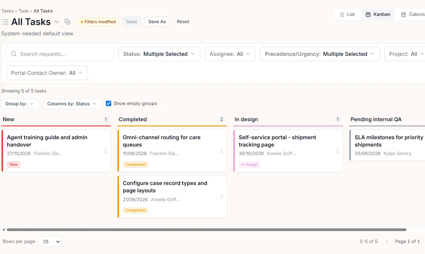 A Task Board in a Basicloud portal — every card read live from Salesforce, with no copy in between