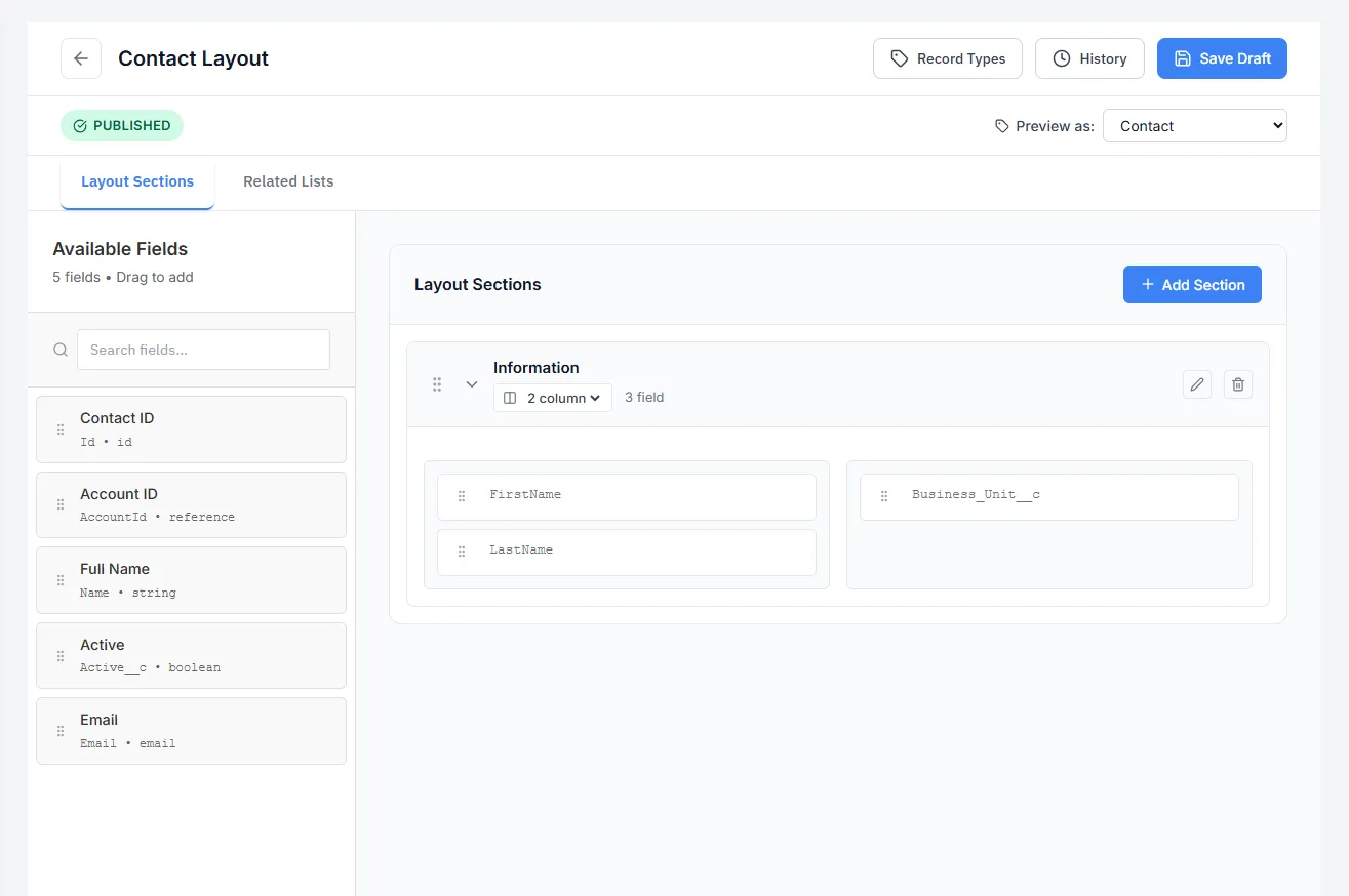 The layout builder — fields dragged into page sections, previewed as the portal user