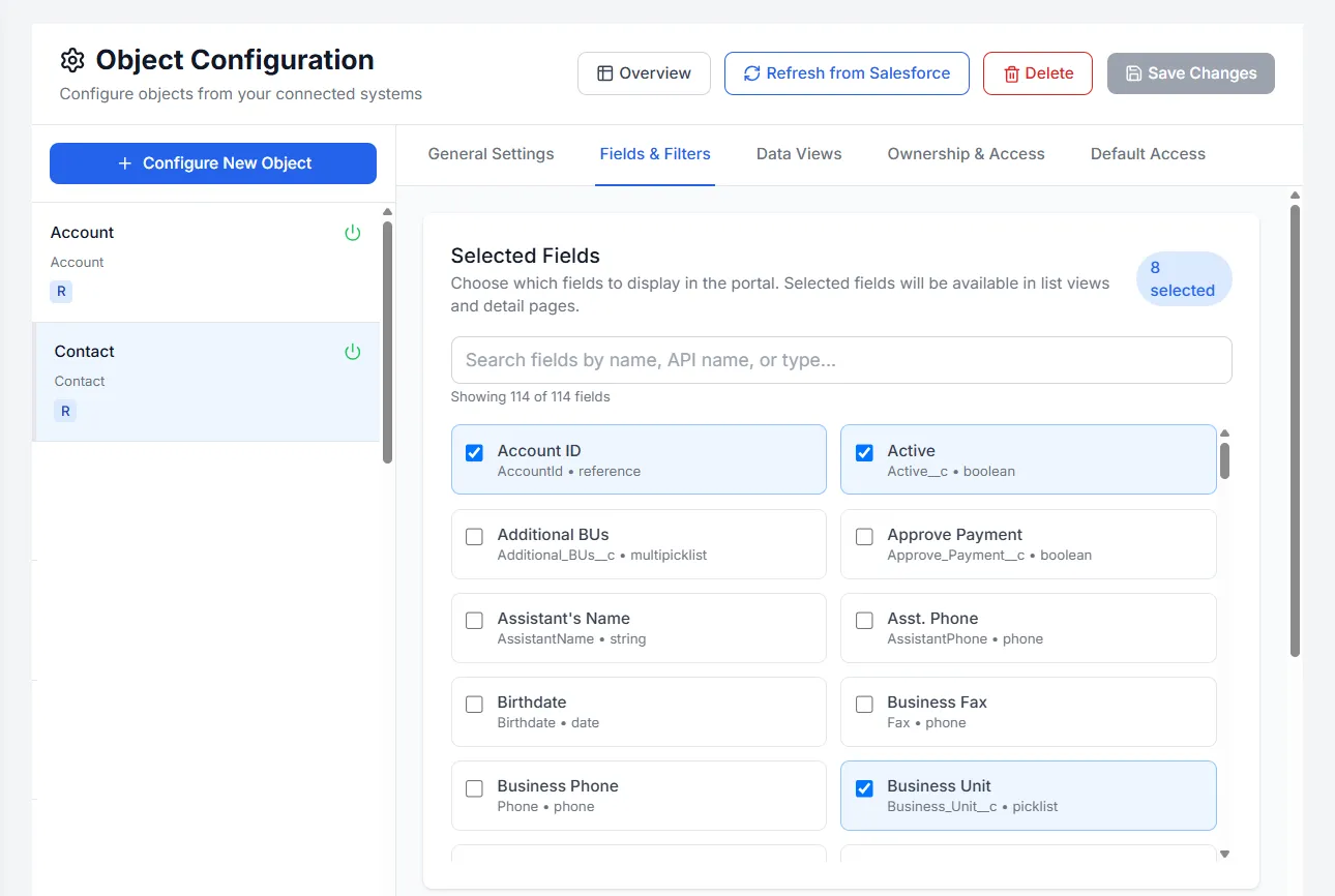 Object configuration — choosing which Salesforce fields appear in the portal