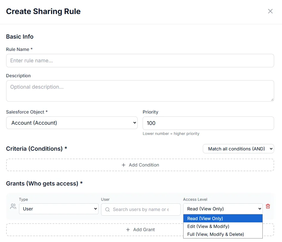 Creating a sharing rule — the object, the criteria, and who gets access at what level