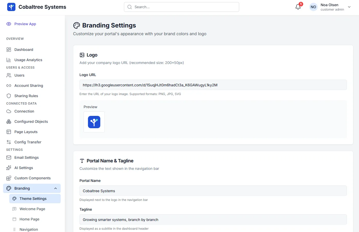 Branding settings — the customer portal's logo, name, and tagline