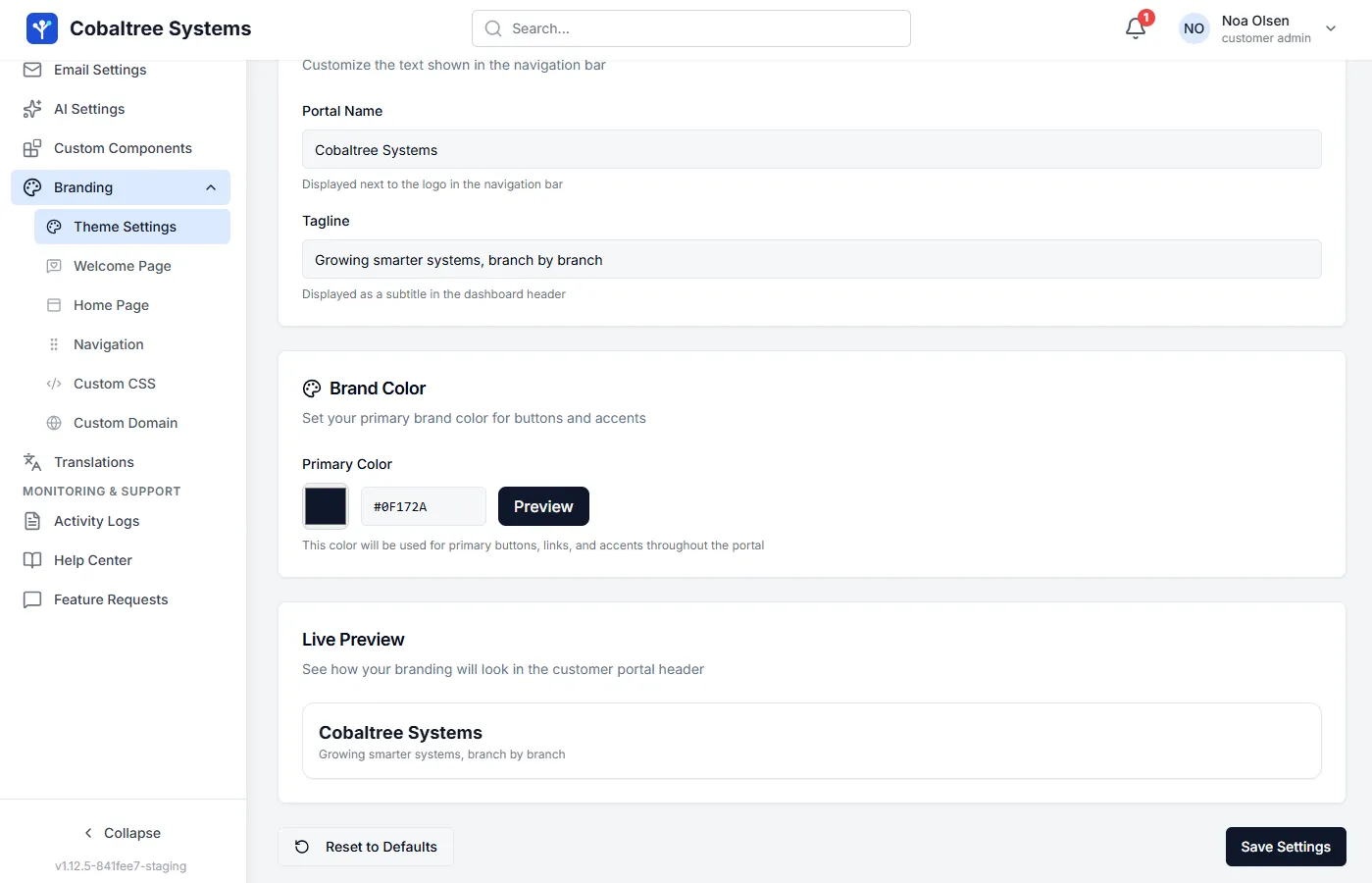 Brand color with a live preview of the portal header, before you save